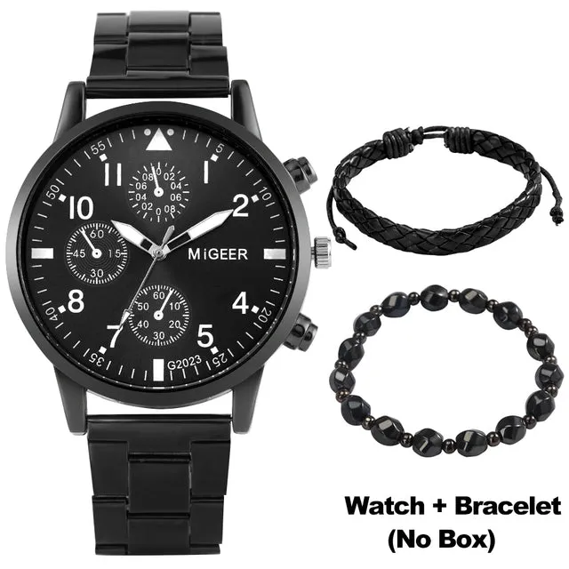 Luxury Quartz Watch and Bracelets Set Leather or Stainless Steel Wristbands Color Choices