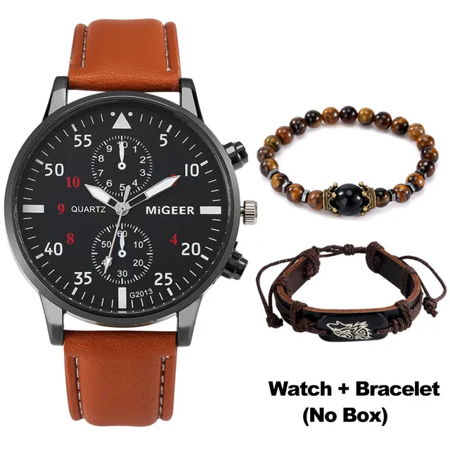 Luxury Quartz Watch and Bracelets Set Leather or Stainless Steel Wristbands Color Choices