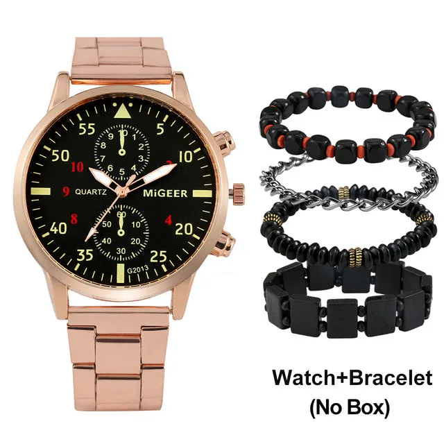 Luxury Quartz Watch and Bracelets Set Leather or Stainless Steel Wristbands Color Choices