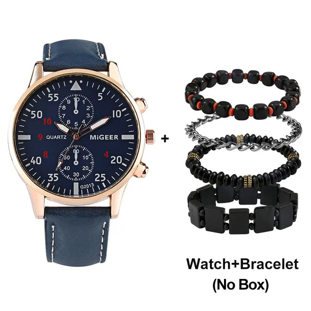 Luxury Quartz Watch and Bracelets Set Leather or Stainless Steel Wristbands Color Choices