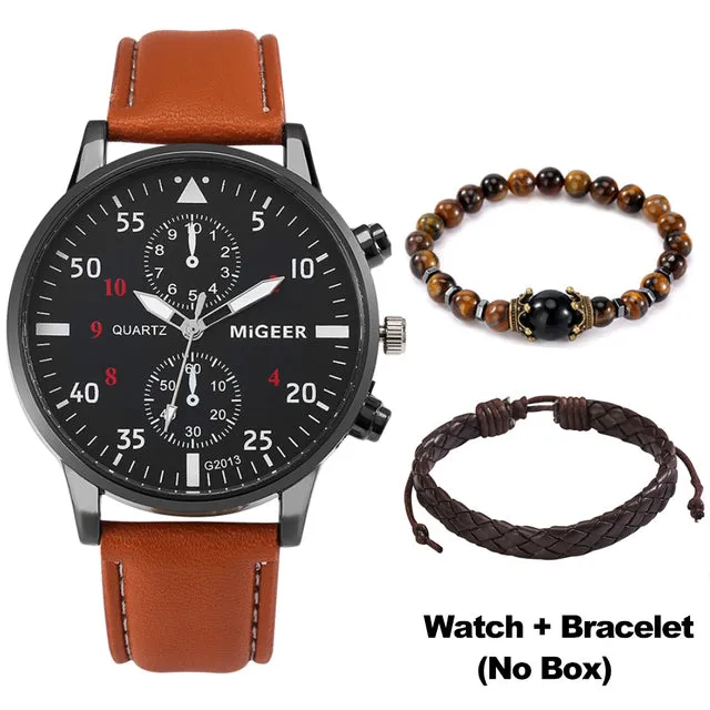 Luxury Quartz Watch and Bracelets Set Leather or Stainless Steel Wristbands Color Choices