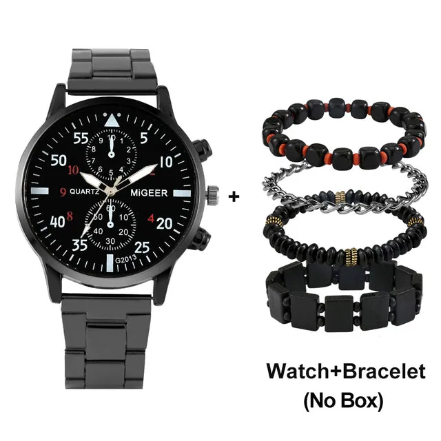 Luxury Quartz Watch and Bracelets Set Leather or Stainless Steel Wristbands Color Choices