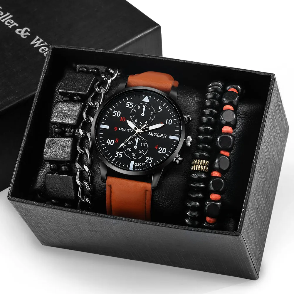 Luxury Quartz Watch and Bracelets Set Leather or Stainless Steel Wristbands Color Choices