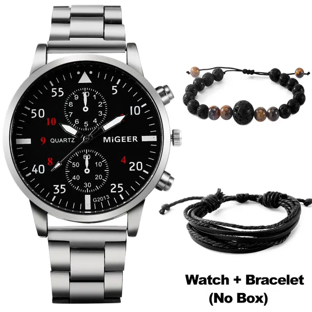 Luxury Quartz Watch and Bracelets Set Leather or Stainless Steel Wristbands Color Choices