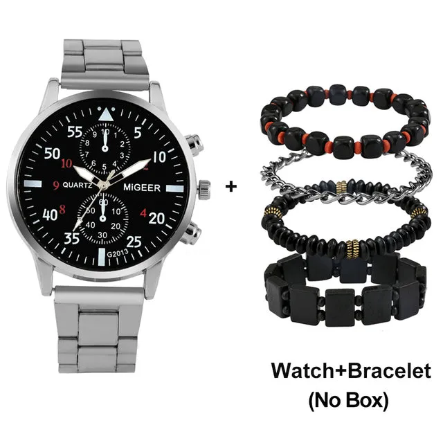 Luxury Quartz Watch and Bracelets Set Leather or Stainless Steel Wristbands Color Choices