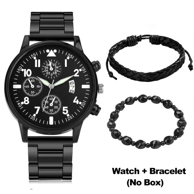 Luxury Quartz Watch and Bracelets Set Leather or Stainless Steel Wristbands Color Choices