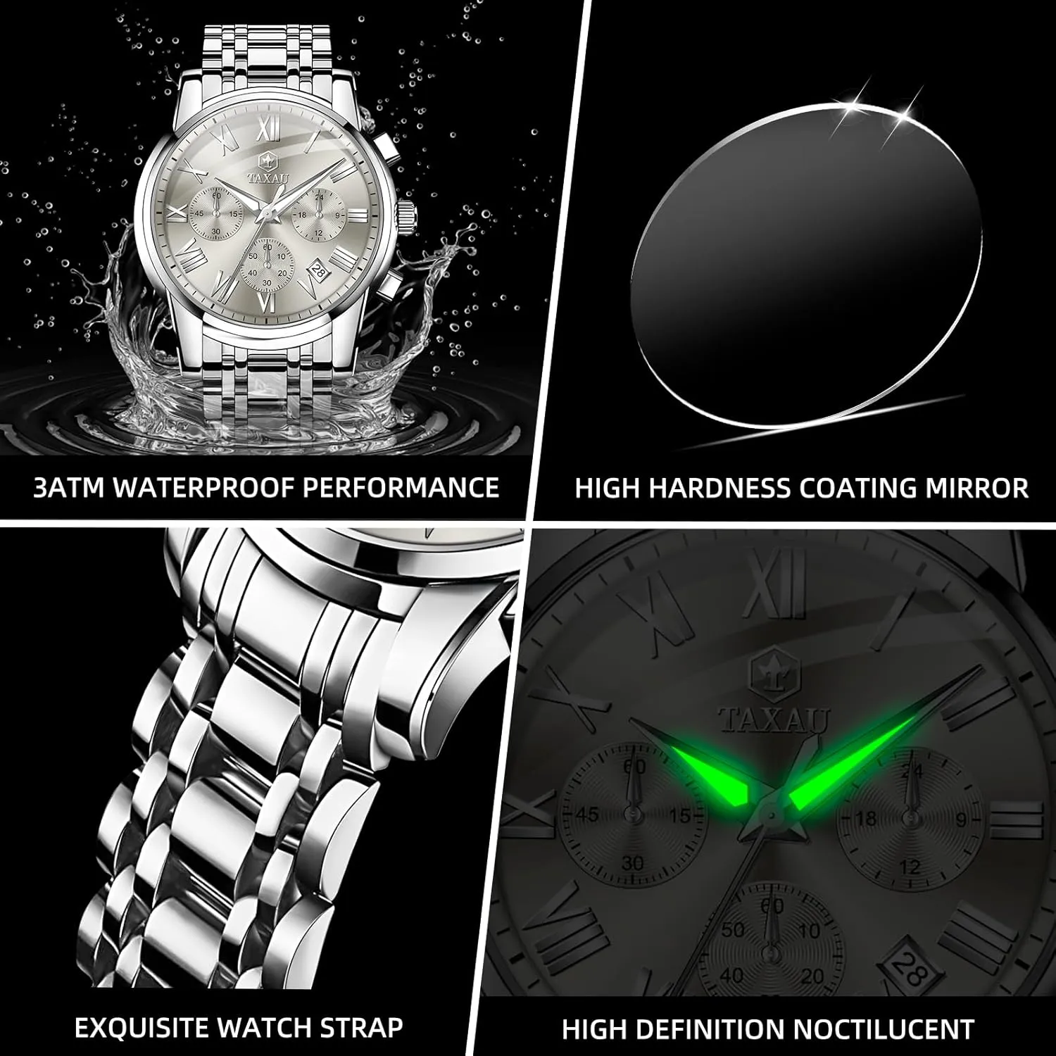 Mens Watch, Luxury Watches for Men, Big Face Watch for Men, Stainless Steel Men's Wrist Watches, Multifunction Waterproof WatchDress Analog Quartz Men's Watches