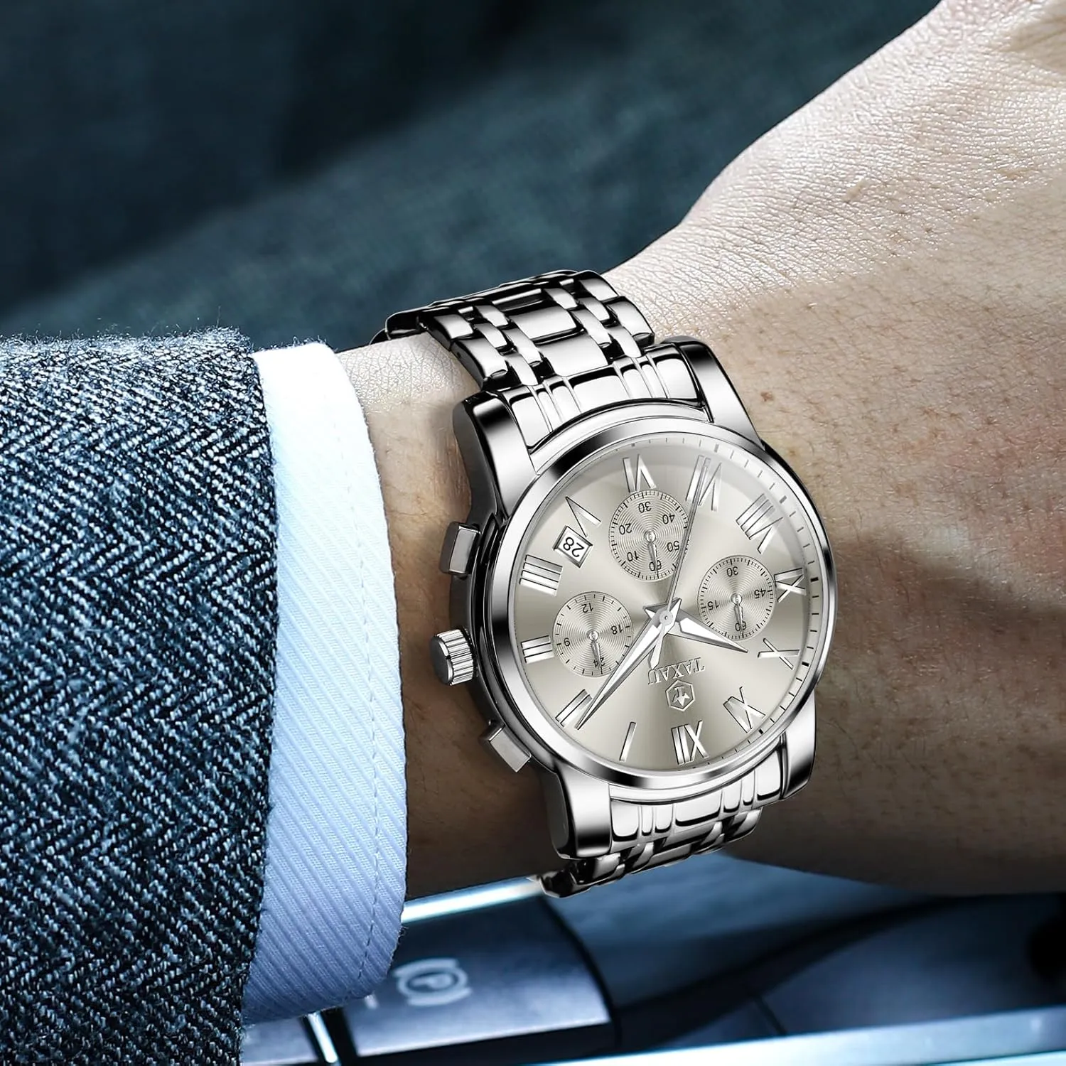 Mens Watch, Luxury Watches for Men, Big Face Watch for Men, Stainless Steel Men's Wrist Watches, Multifunction Waterproof WatchDress Analog Quartz Men's Watches