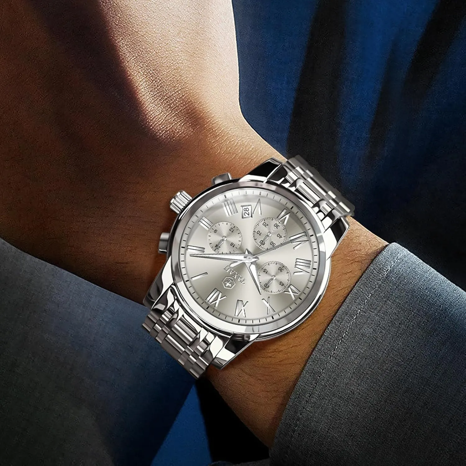 Mens Watch, Luxury Watches for Men, Big Face Watch for Men, Stainless Steel Men's Wrist Watches, Multifunction Waterproof WatchDress Analog Quartz Men's Watches