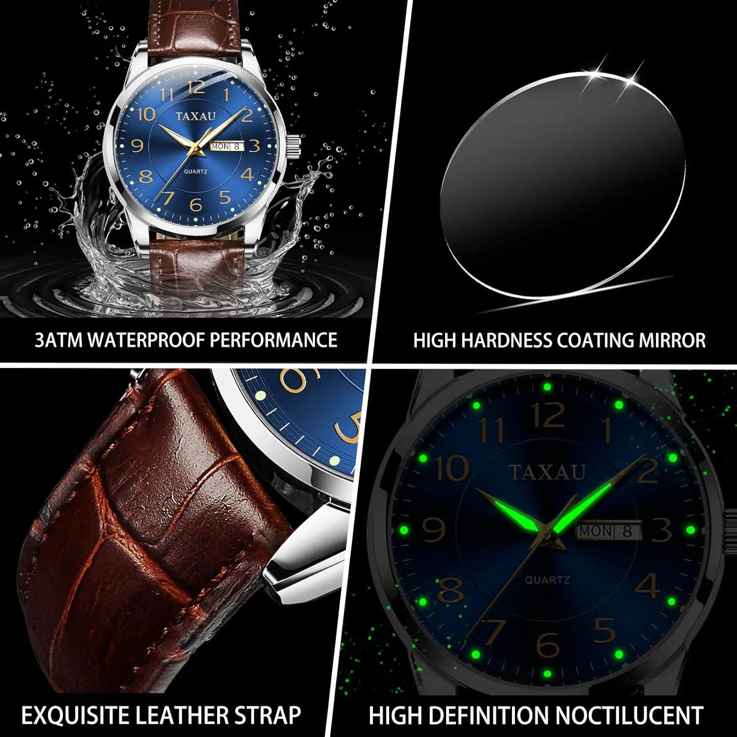 Men's Watches - Fashion Casual Leather Watches Big Face Easy Read Arabic Numerals Quartz Analog Luminous Waterproof Day Date Classic Luxury Dress Wrist Watches