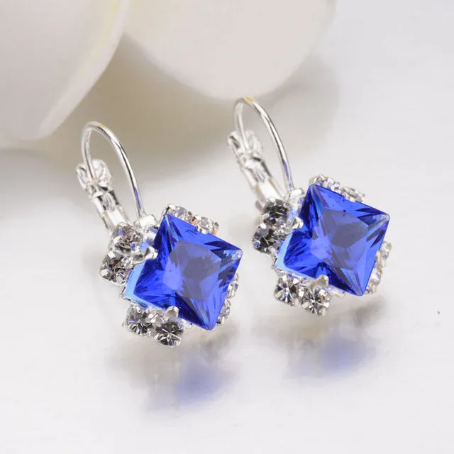 New Fashion Luxury Romantic Silver Plated Rhinestone Lace Square Created Crystal Stud Earrings For Women Jewelry brincos Bijoux
