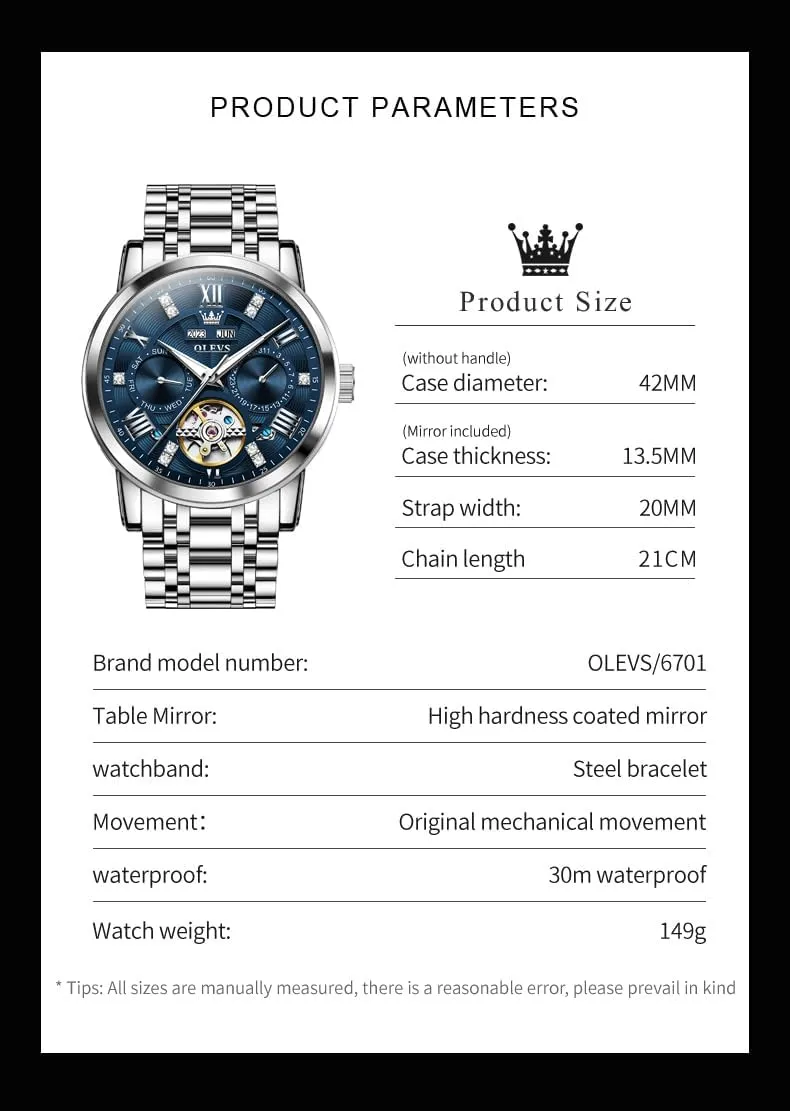 OLEVS Automatic Watches for Men Self Winding Mechanical Skeleton Luxury Dress Stainless Steel Diamond Men Wrist Watches