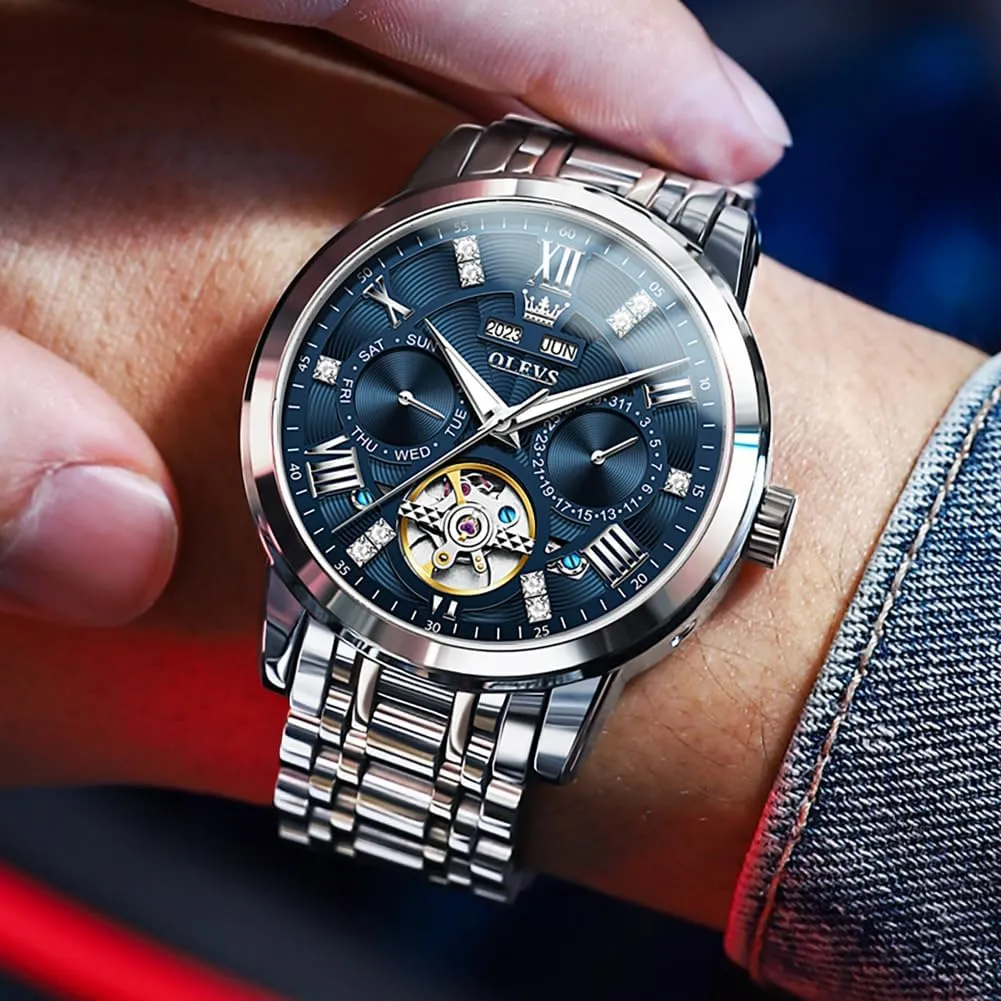 OLEVS Automatic Watches for Men Self Winding Mechanical Skeleton Luxury Dress Stainless Steel Diamond Men Wrist Watches