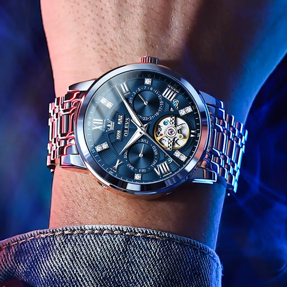 OLEVS Automatic Watches for Men Self Winding Mechanical Skeleton Luxury Dress Stainless Steel Diamond Men Wrist Watches