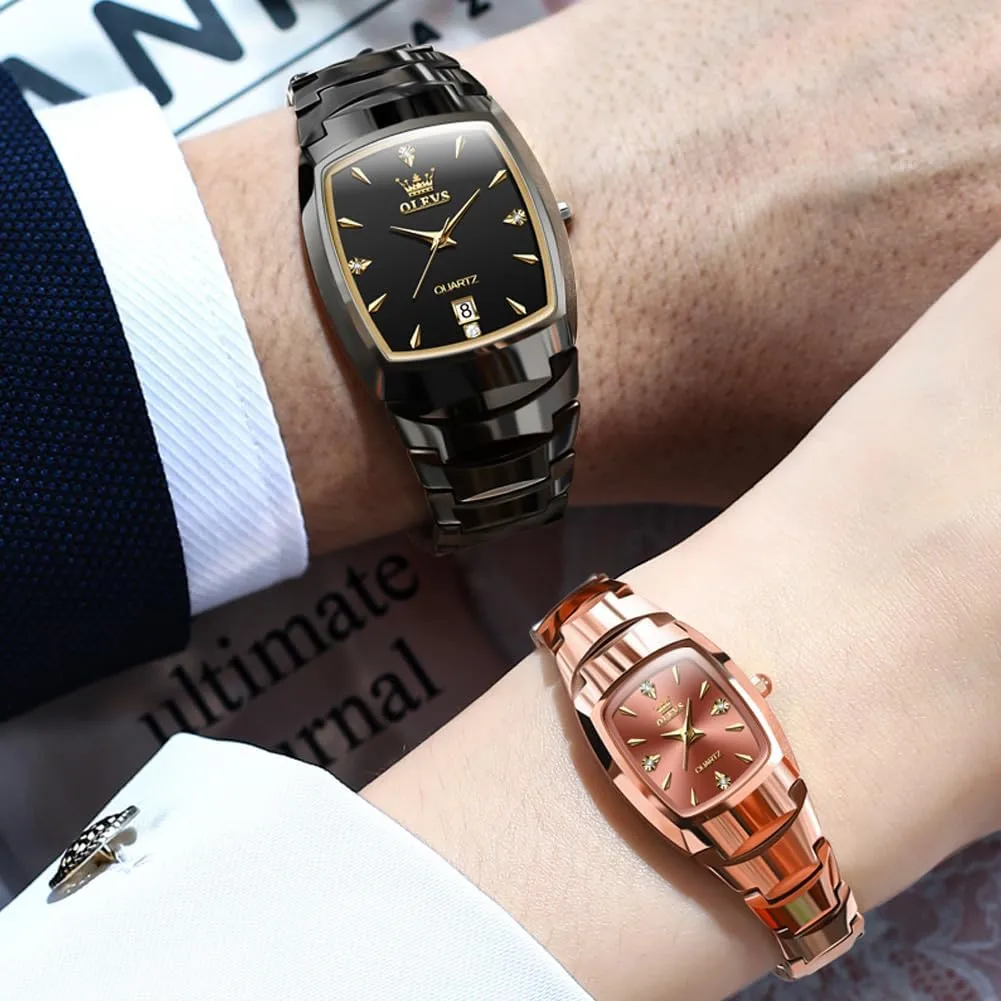 OLEVS Couple Watch Men and Women His and Her Watches Set Analog Date Diamond Stainless Steel Waterproof Luminous Wrist Watch