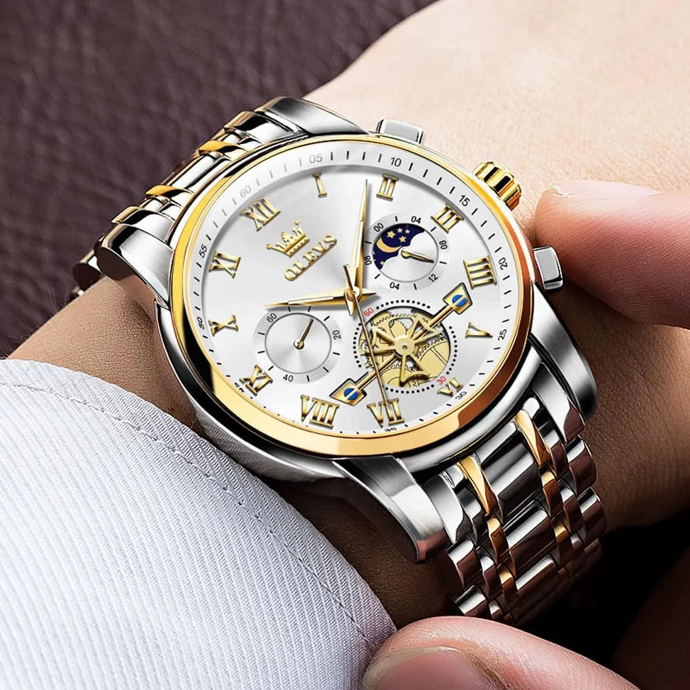 OLEVS Watches Men Waterproof Luxury Big Face Mens Watch Stainless Steel Quartz Analog Dress Watches for Men Luminous Multifunction Man Watch Relojes De Hombre