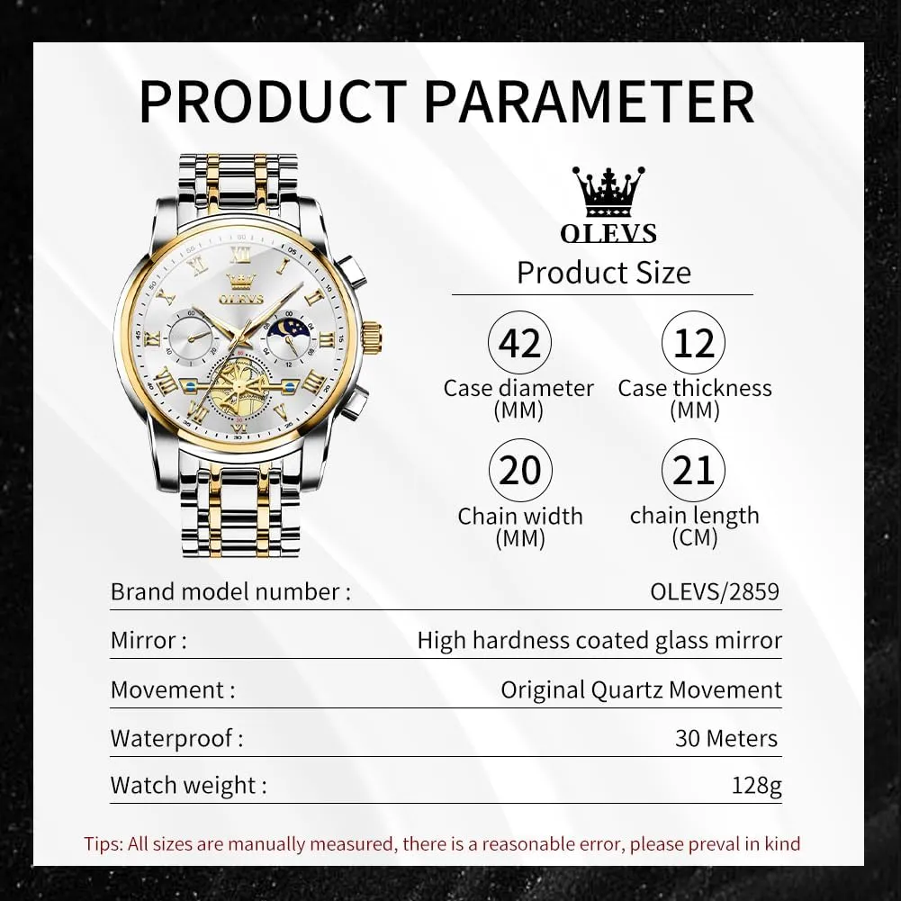 OLEVS Watches Men Waterproof Luxury Big Face Mens Watch Stainless Steel Quartz Analog Dress Watches for Men Luminous Multifunction Man Watch Relojes De Hombre