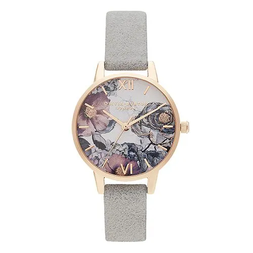 Olivia Burton Rose Gold Plated Flower Eco-friendly Grey Strap Watch