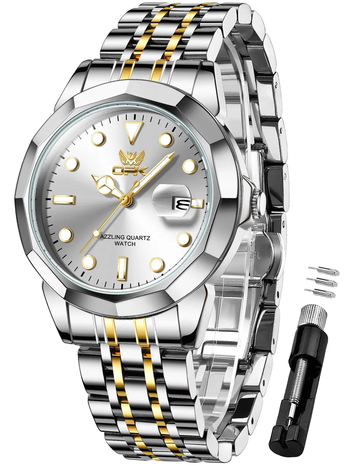 OPK Watches for Men Stainless Steel Business Dress Luxury Big Large Face Waterproof Quartz Analog Mens Watches with Date Wrist Men Watch Reloj para Hombre (Gold/Blue/Black Dial)