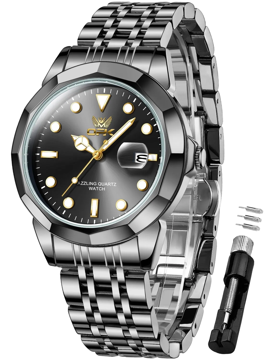 OPK Watches for Men Stainless Steel Business Dress Luxury Big Large Face Waterproof Quartz Analog Mens Watches with Date Wrist Men Watch Reloj para Hombre (Gold/Blue/Black Dial)