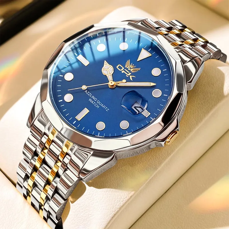 OPK Watches for Men Stainless Steel Business Dress Luxury Big Large Face Waterproof Quartz Analog Mens Watches with Date Wrist Men Watch Reloj para Hombre (Gold/Blue/Black Dial)