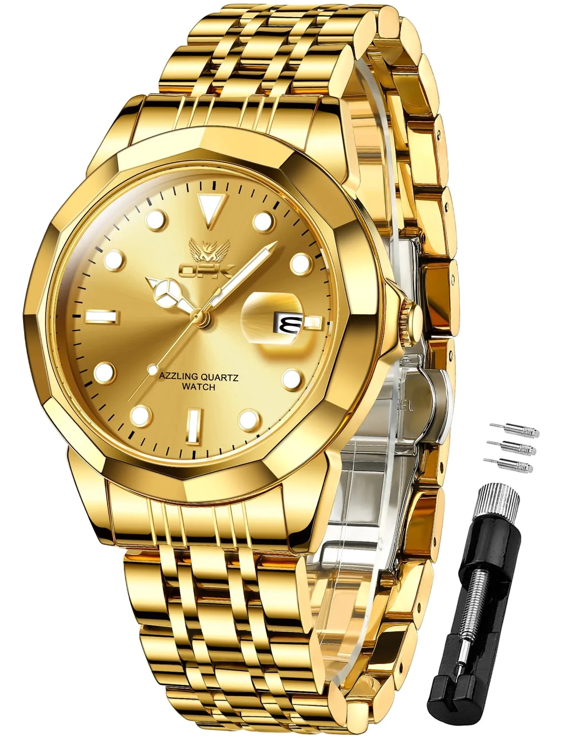 OPK Watches for Men Stainless Steel Business Dress Luxury Big Large Face Waterproof Quartz Analog Mens Watches with Date Wrist Men Watch Reloj para Hombre (Gold/Blue/Black Dial)