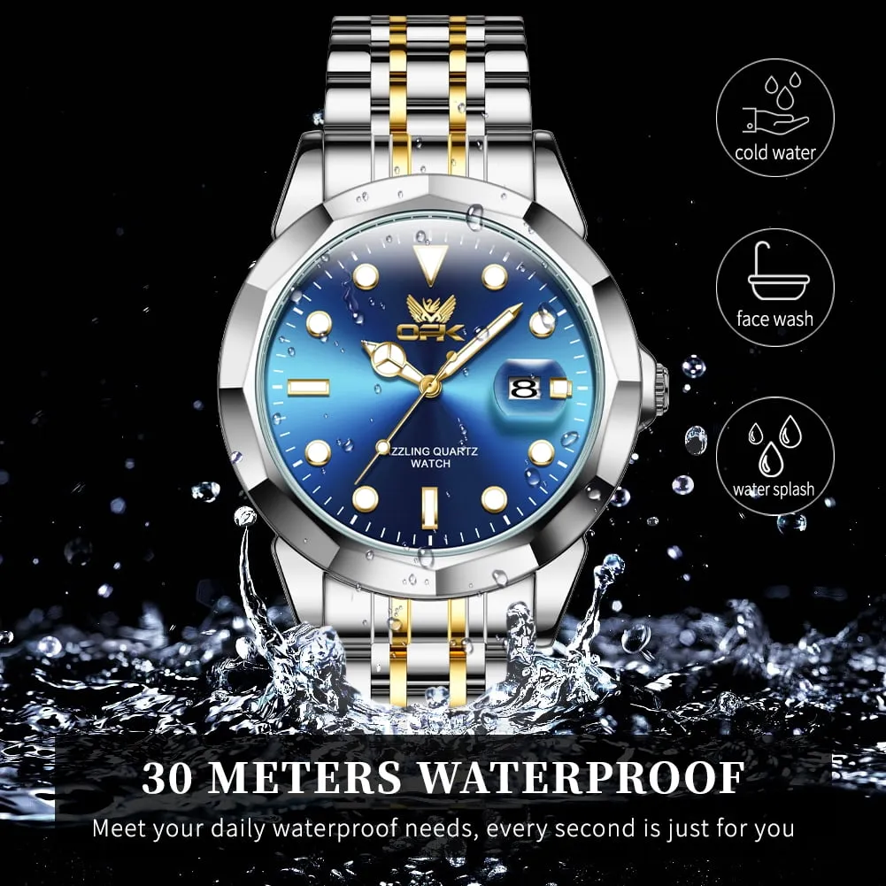 OPK Watches for Men Stainless Steel Business Dress Luxury Big Large Face Waterproof Quartz Analog Mens Watches with Date Wrist Men Watch Reloj para Hombre (Gold/Blue/Black Dial)
