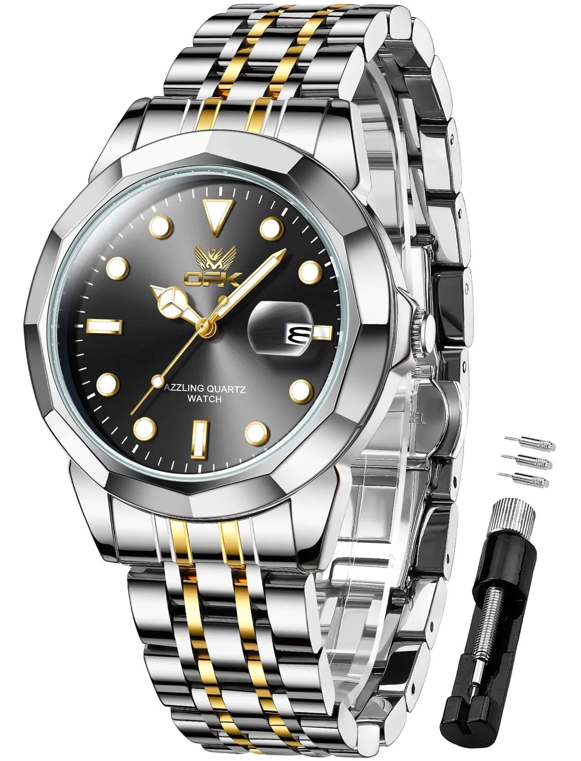 OPK Watches for Men Stainless Steel Business Dress Luxury Big Large Face Waterproof Quartz Analog Mens Watches with Date Wrist Men Watch Reloj para Hombre (Gold/Blue/Black Dial)