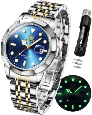 OPK Watches for Men Stainless Steel Business Dress Luxury Big Large Face Waterproof Quartz Analog Mens Watches with Date Wrist Men Watch Reloj para Hombre (Gold/Blue/Black Dial)