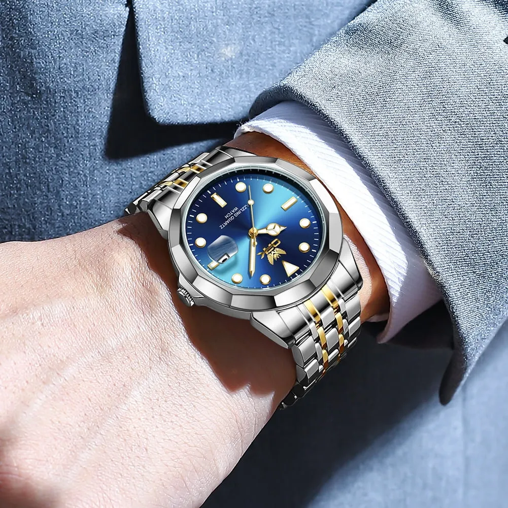 OPK Watches for Men Stainless Steel Business Dress Luxury Big Large Face Waterproof Quartz Analog Mens Watches with Date Wrist Men Watch Reloj para Hombre (Gold/Blue/Black Dial)