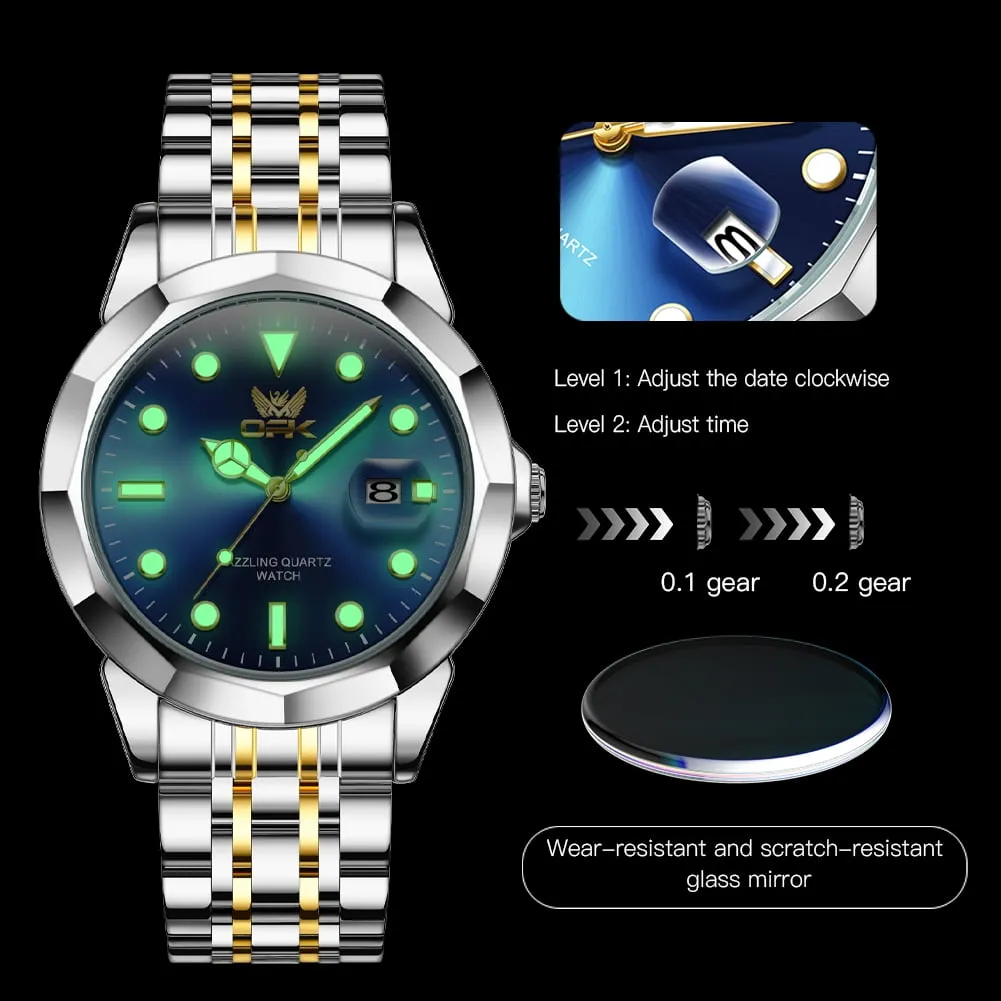 OPK Watches for Men Stainless Steel Business Dress Luxury Big Large Face Waterproof Quartz Analog Mens Watches with Date Wrist Men Watch Reloj para Hombre (Gold/Blue/Black Dial)