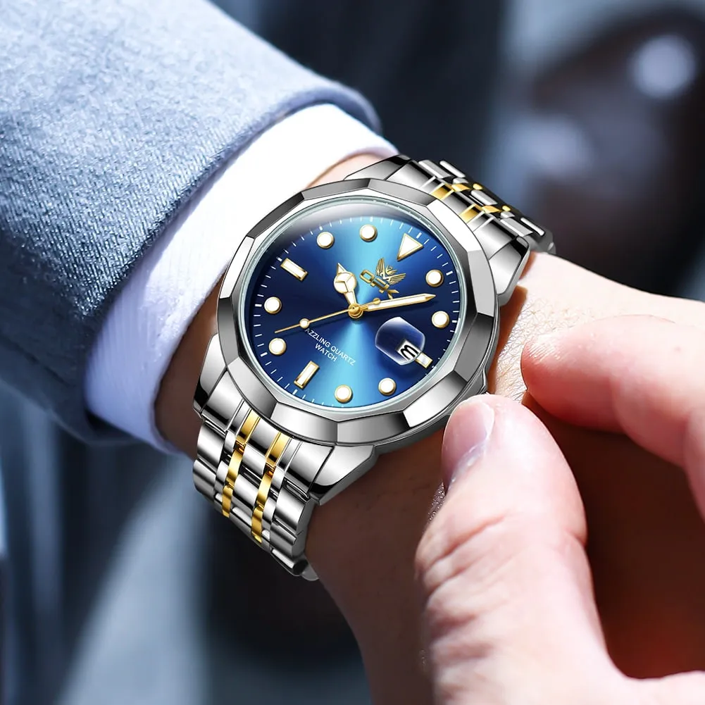 OPK Watches for Men Stainless Steel Business Dress Luxury Big Large Face Waterproof Quartz Analog Mens Watches with Date Wrist Men Watch Reloj para Hombre (Gold/Blue/Black Dial)