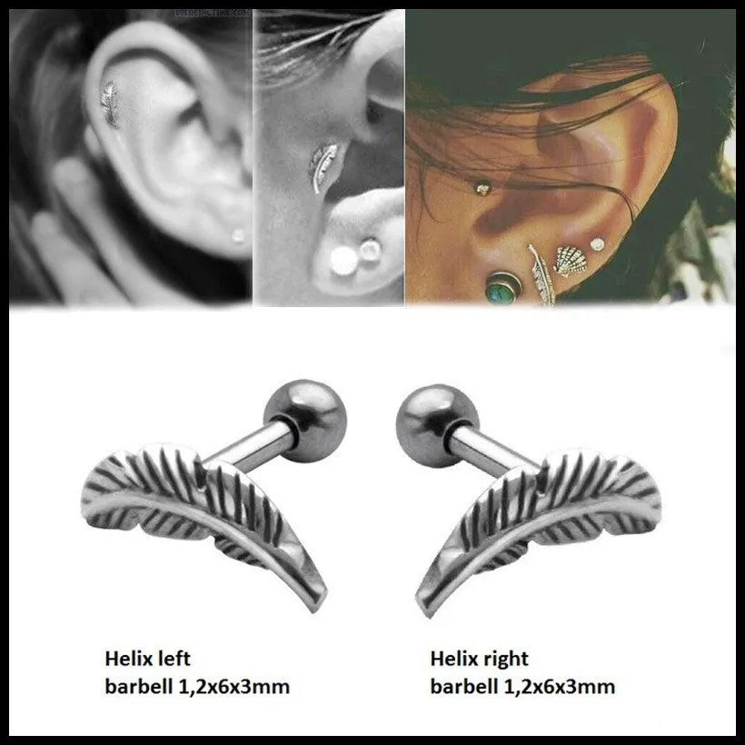 Pair 316l Surgical Steel Feather Cartilage Helix Barbell Bar Ear Stud Piercing Earring Jewelry For Sexy Girls Fashion 16g