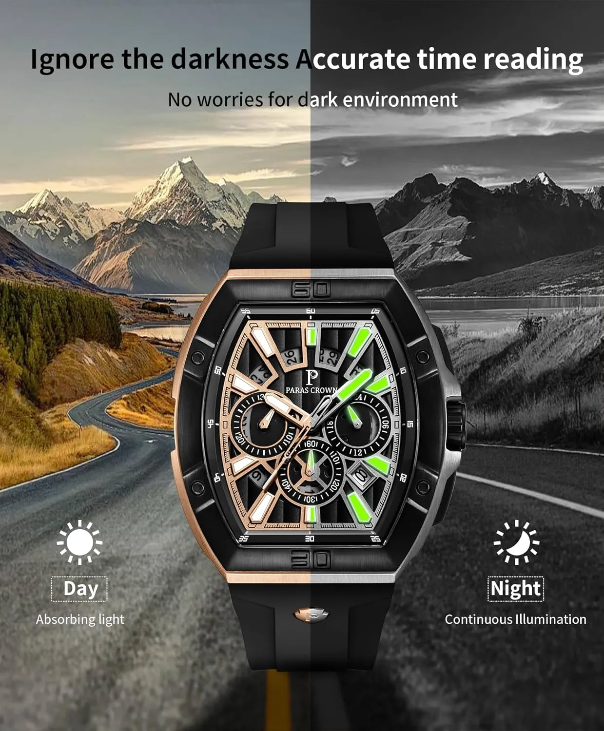 Paras Crown Watches for Men Luxury Fashion Analog 50M Waterproof Sports Watch with Tonneau Dial Luminous Quartz Business Wrist Watch
