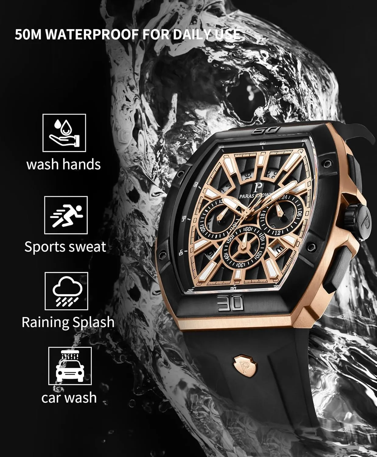 Paras Crown Watches for Men Luxury Fashion Analog 50M Waterproof Sports Watch with Tonneau Dial Luminous Quartz Business Wrist Watch