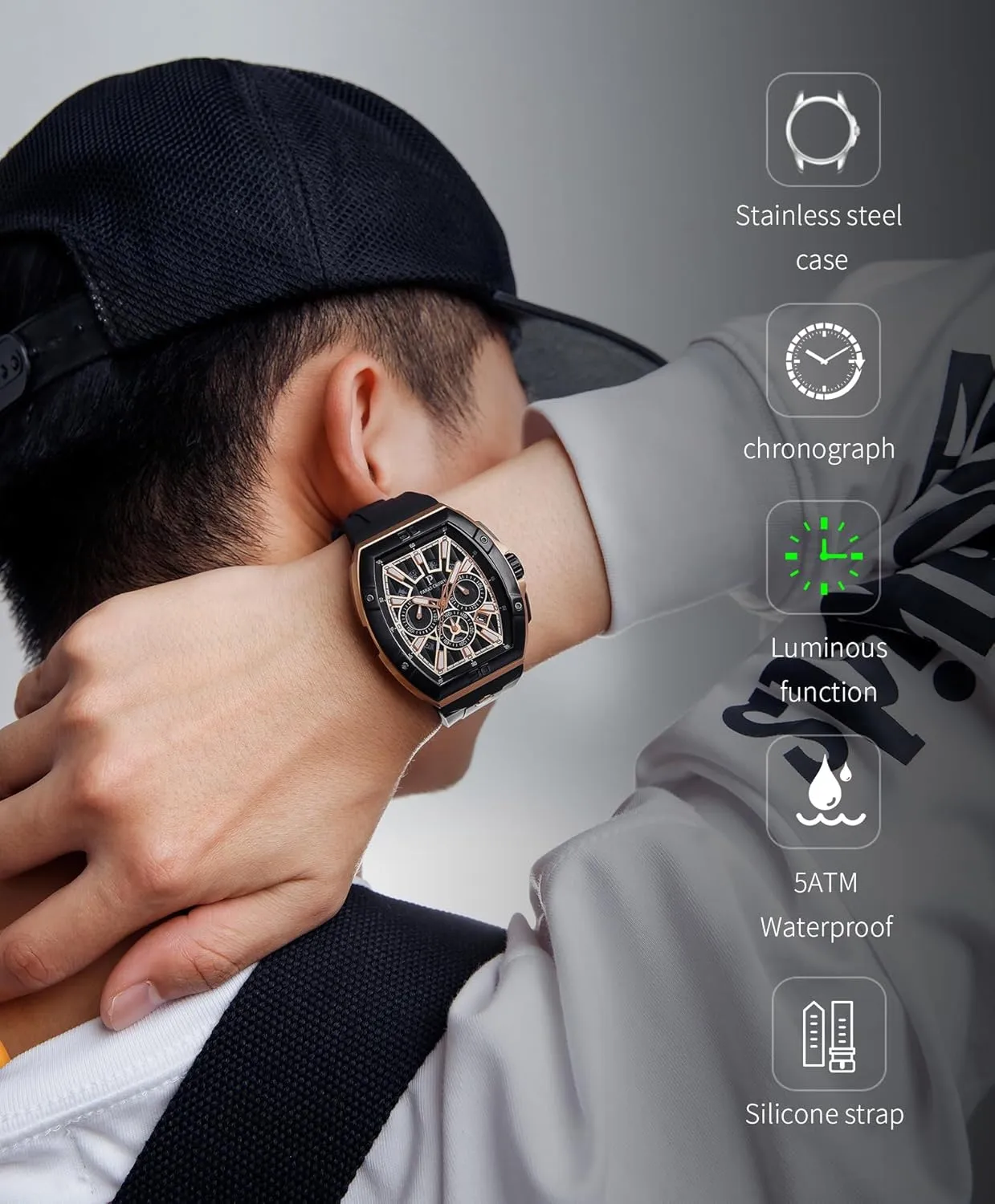 Paras Crown Watches for Men Luxury Fashion Analog 50M Waterproof Sports Watch with Tonneau Dial Luminous Quartz Business Wrist Watch