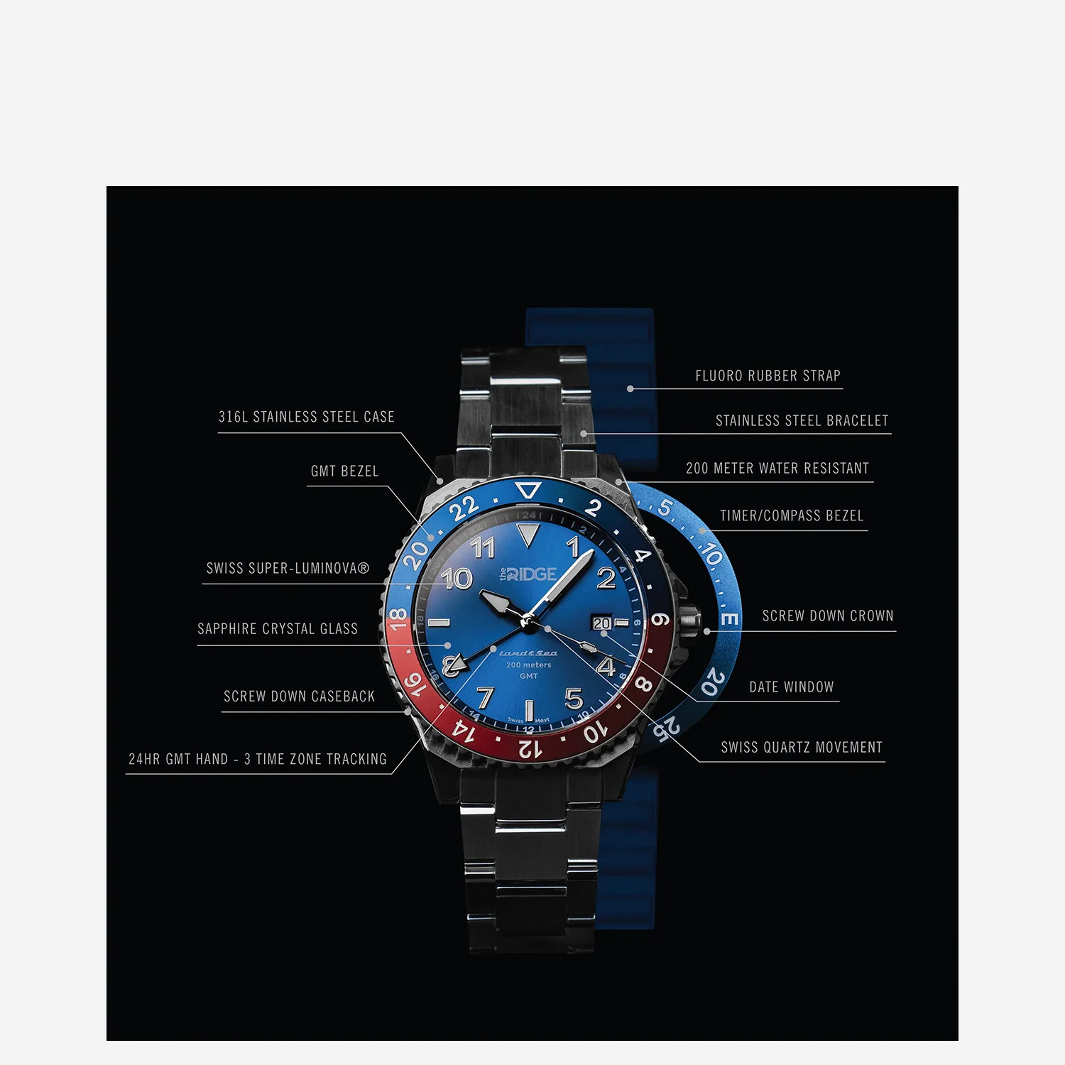Ridge Land & Sea GMT Watch 42mm - Alpine Navy