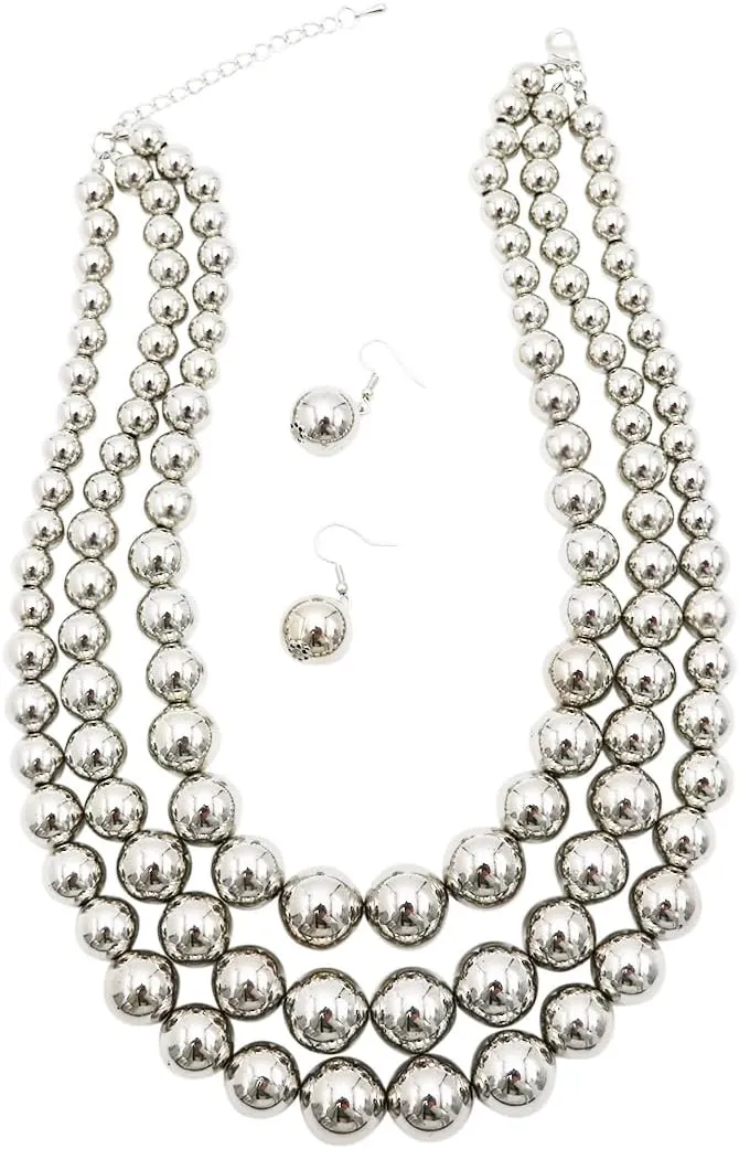 Rosemarie & Jubalee Women's 3 Colorful Multi Strands Simulated Pearl Necklace And Earrings Jewelry Gift Set, 18" 3" Extender