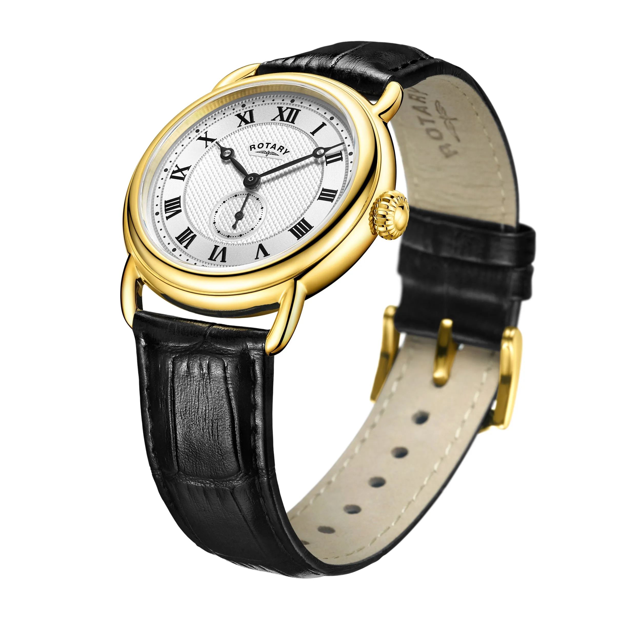 Rotary 38mm Yellow Gold Plated Traditional Quartz Watch with a Black Leather Strap