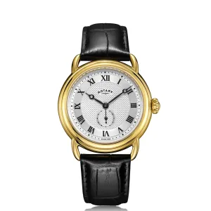 Rotary 38mm Yellow Gold Plated Traditional Quartz Watch with a Black Leather Strap
