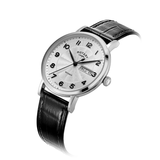 Rotary Gents Stainless Steel 'Windsor' Black Leather Strap Watch