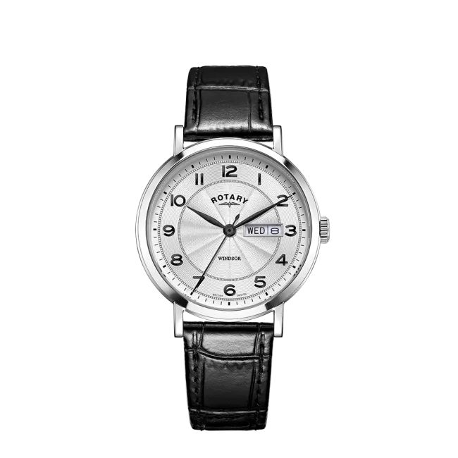 Rotary Gents Stainless Steel 'Windsor' Black Leather Strap Watch