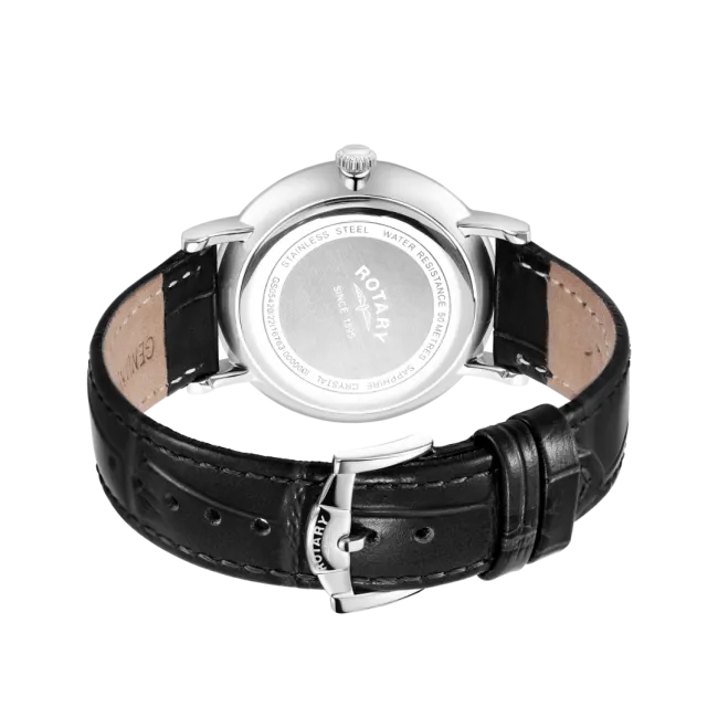 Rotary Gents Stainless Steel 'Windsor' Black Leather Strap Watch
