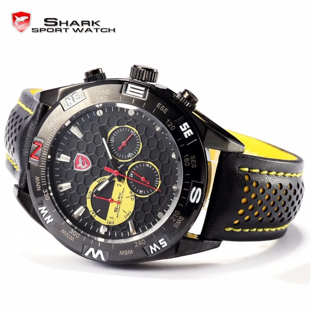 SHARK Sport Watch Date Day Honeycomb Steel Dial Genuine Leather Strap Relogio Masculino Men Quartz Mens Wristwatch Gift