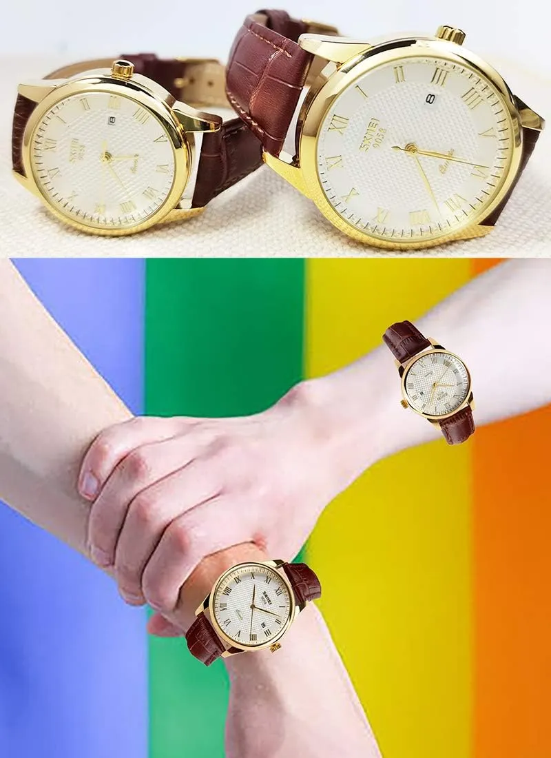 SKMEI Pair Watches for Couples Men and Women His and Hers Watch Set Husband Wife Valentines Matching Wrist Watch Wedding Gifts Waterproof Business Fashion Quartz Analog Calendar