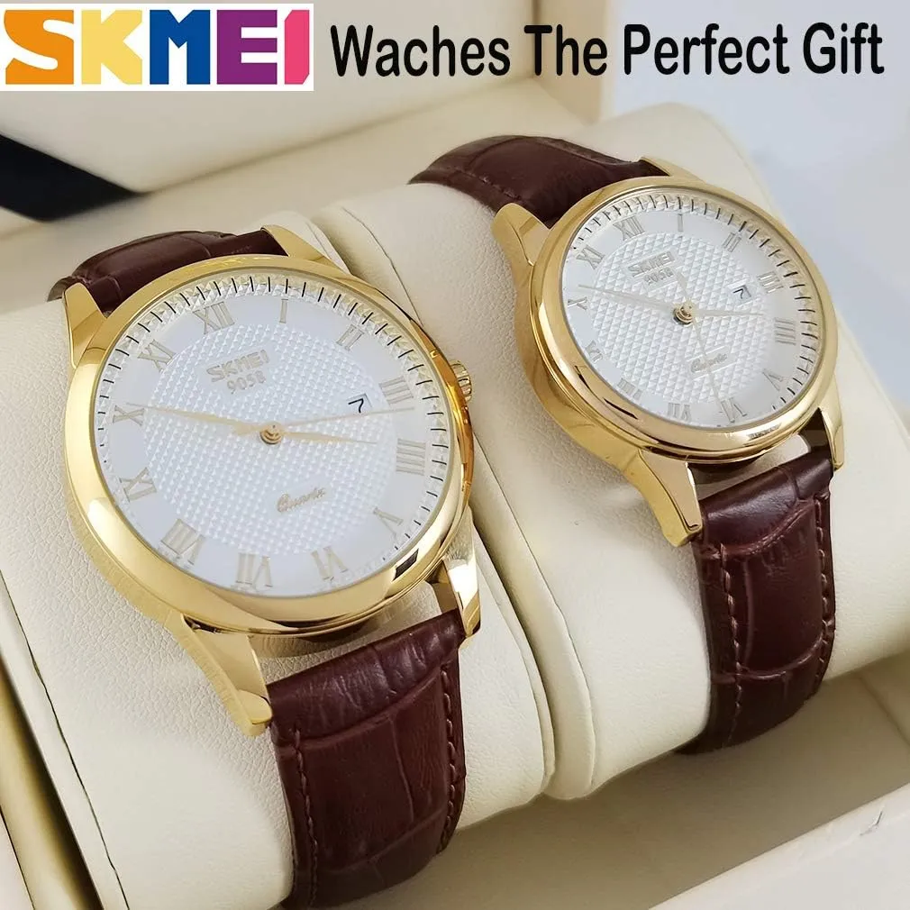 SKMEI Pair Watches for Couples Men and Women His and Hers Watch Set Husband Wife Valentines Matching Wrist Watch Wedding Gifts Waterproof Business Fashion Quartz Analog Calendar