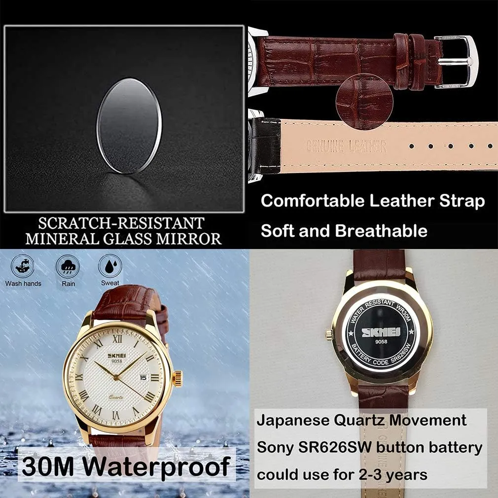 SKMEI Pair Watches for Couples Men and Women His and Hers Watch Set Husband Wife Valentines Matching Wrist Watch Wedding Gifts Waterproof Business Fashion Quartz Analog Calendar