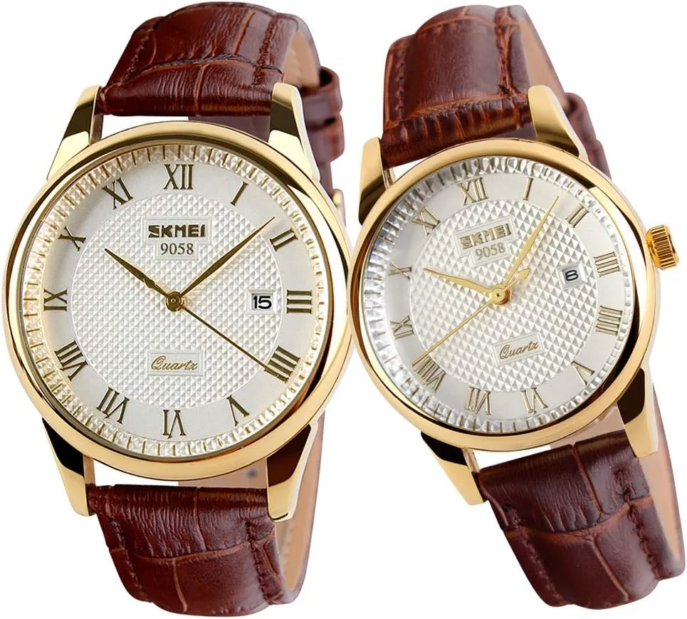 SKMEI Pair Watches for Couples Men and Women His and Hers Watch Set Husband Wife Valentines Matching Wrist Watch Wedding Gifts Waterproof Business Fashion Quartz Analog Calendar