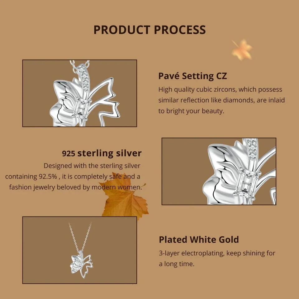 Solid 925 Sterling Silver Autumn Leaf Butterfly Pendant Necklace White Gold Plated Neck Chain for Women Birthday Day Gift