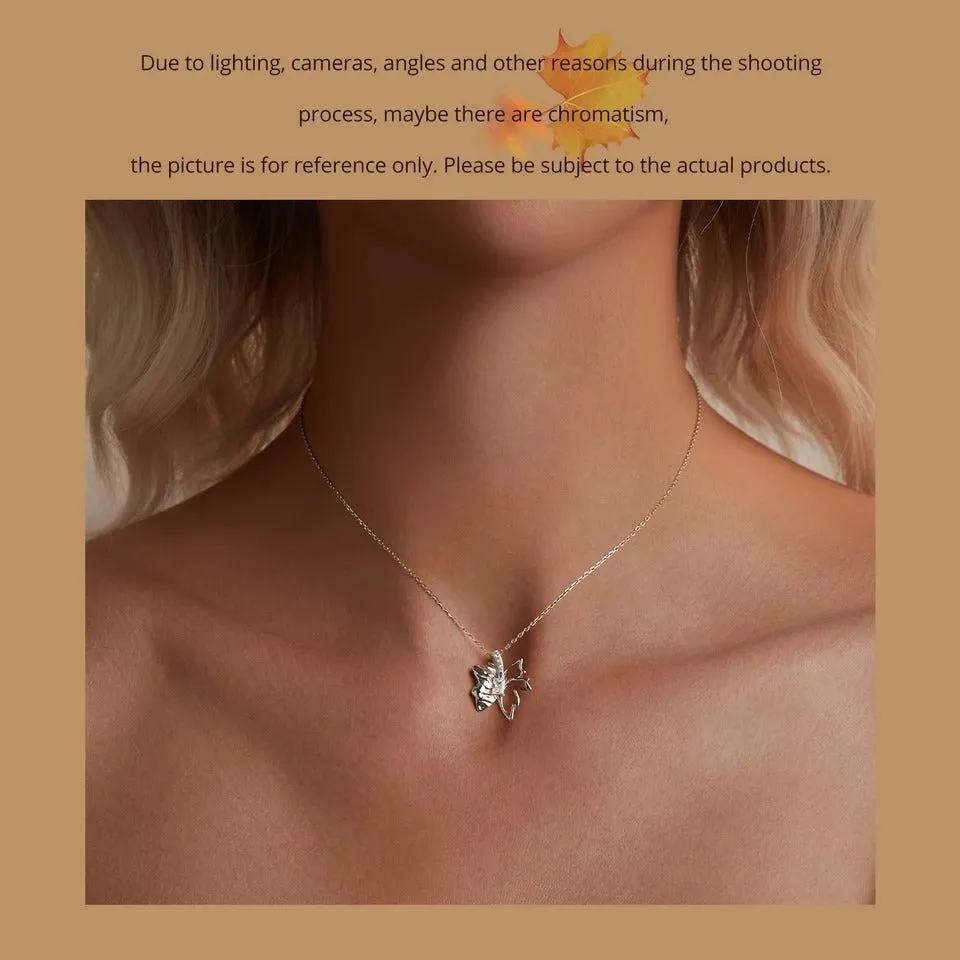 Solid 925 Sterling Silver Autumn Leaf Butterfly Pendant Necklace White Gold Plated Neck Chain for Women Birthday Day Gift